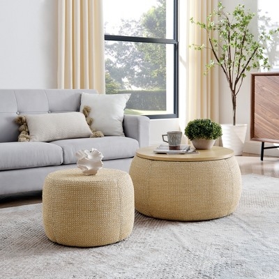 Storage Ottoman Set Yellow Woven Basketweave Nesting Coffee Table