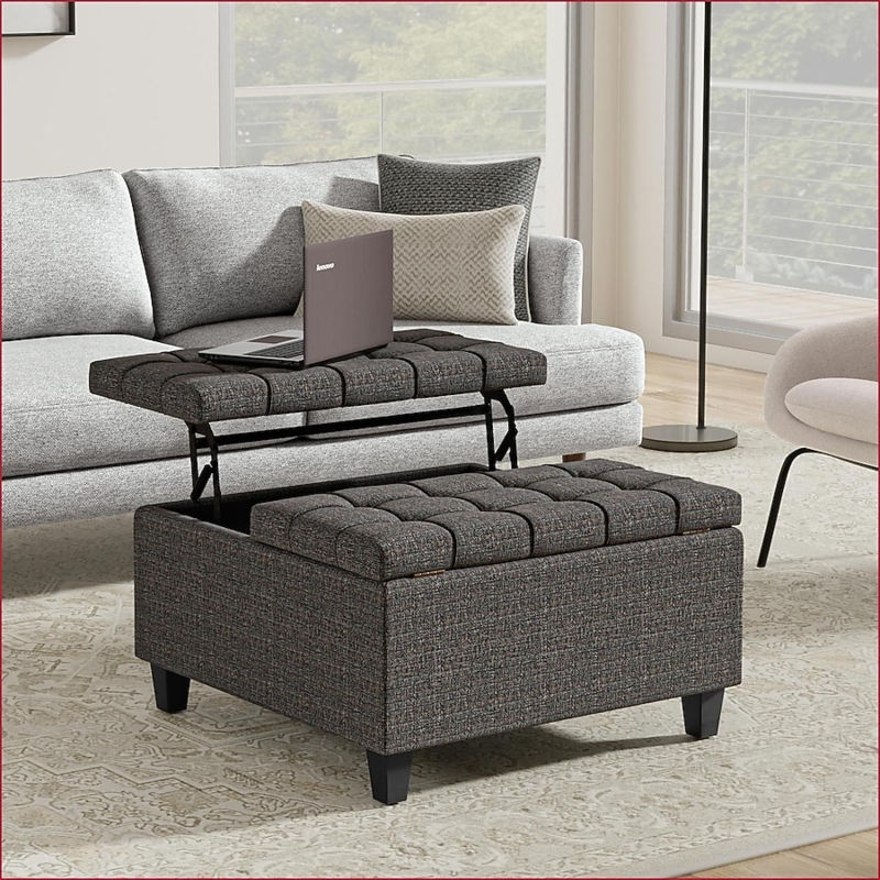 Storage Ottoman Split Lift Top Charcoal Tufted Fabric Multifunctional