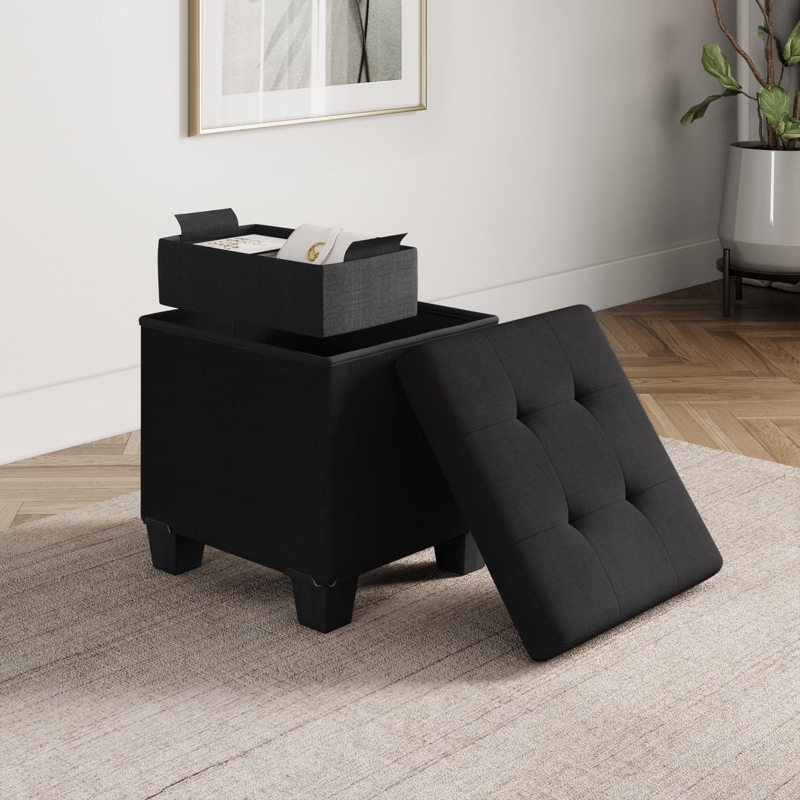 Storage Ottoman Square Black Tufted Lid with Interior Tray