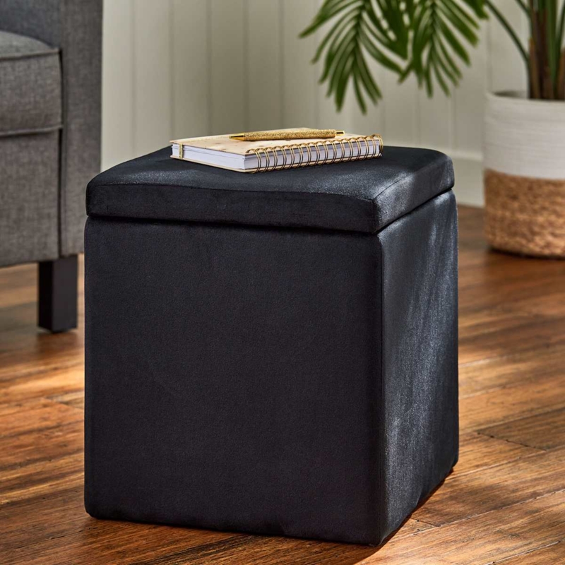 Storage Ottoman Square Black Velvet with Removable Lid