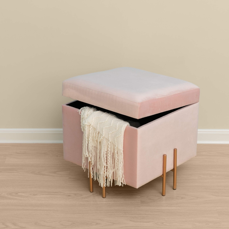 Storage Ottoman Square Blush Pink Velvet with Rose Gold Metal Legs