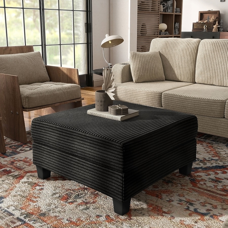 Storage Ottoman Square Charcoal Ribbed Corduroy Texture
