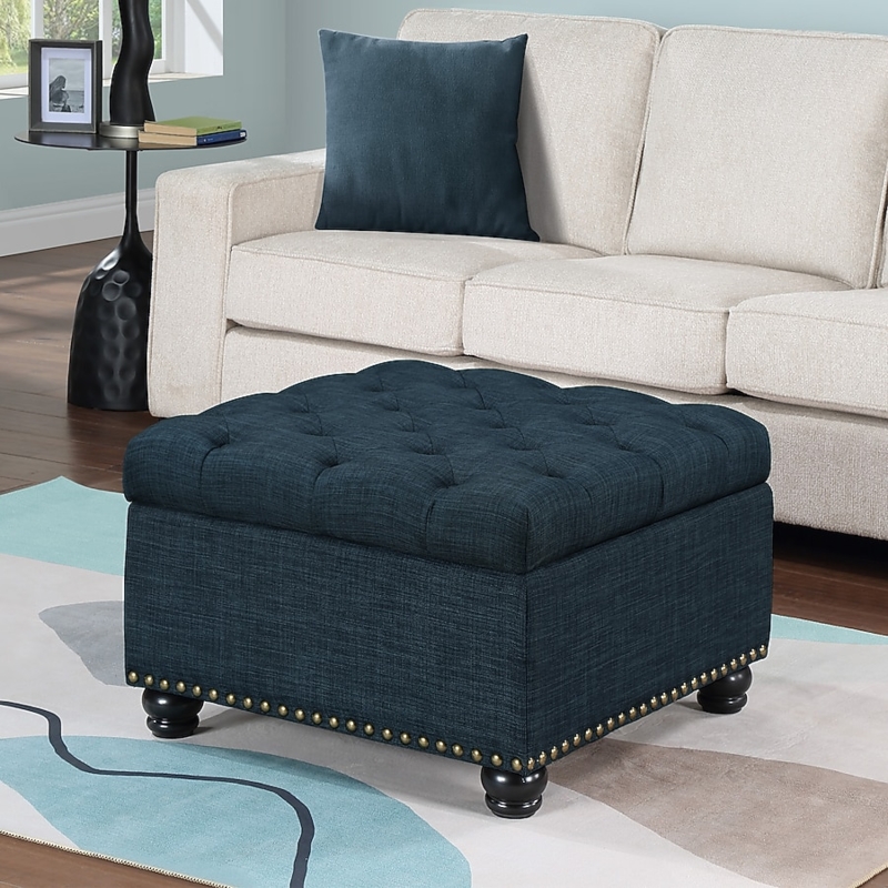 Storage Ottoman Square Dark Navy Tufted Antique Brass Nailhead