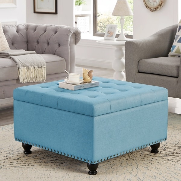 Storage Ottoman Square Light Blue Tufted Nailhead Coastal Style