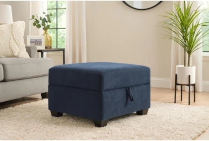 Storage Ottoman Square Midnight Blue Woven Fabric Pull Tab Lid