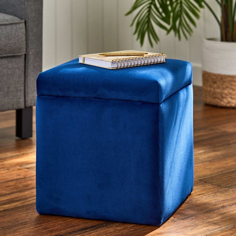 Storage Ottoman Square Navy Blue Velvet Compact Footstool