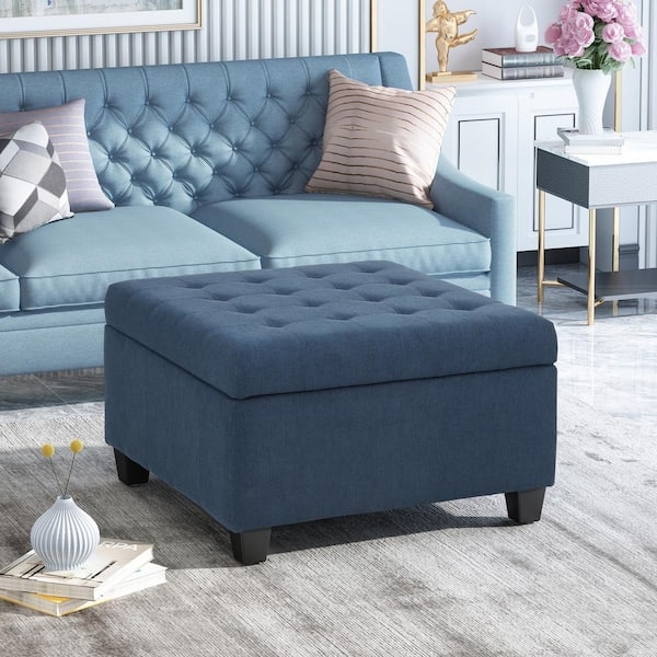 Storage Ottoman Square Navy Button Tufted Block Legs