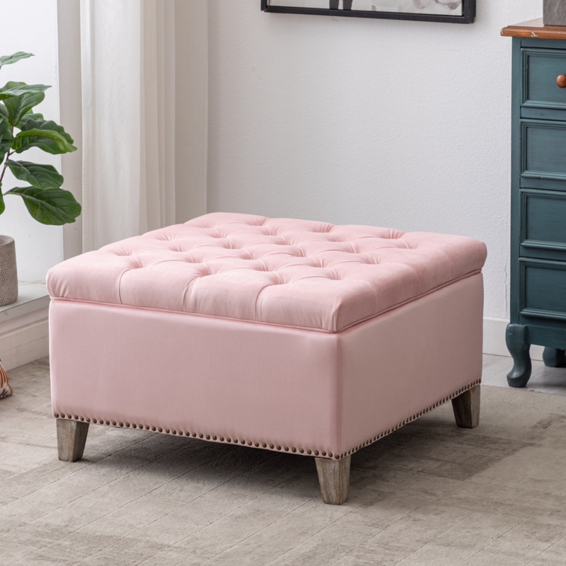 Storage Ottoman Square Velvet Blush Diamond Tufted with Nailhead Trim