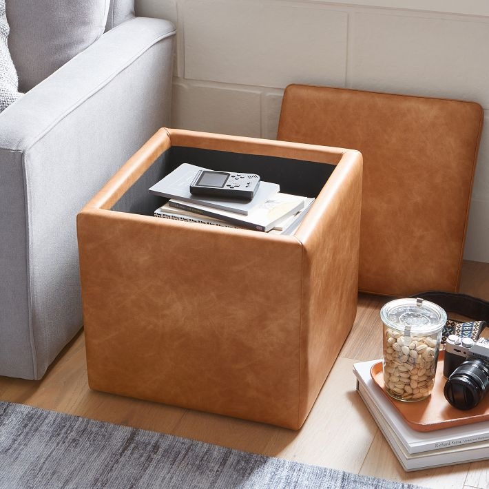 Storage Ottoman, Tan Leather-Like Cube with Removable Lid