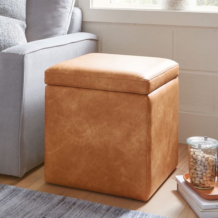 Storage Ottoman, Tan Leather-Like Square Cube Footstool