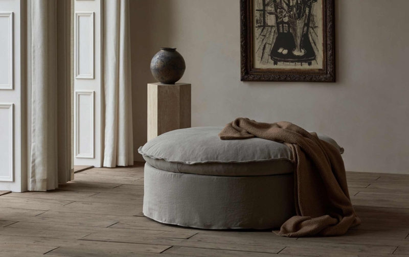 Storage Ottoman Taupe Oversized Round Flanged Edge Linen Weave