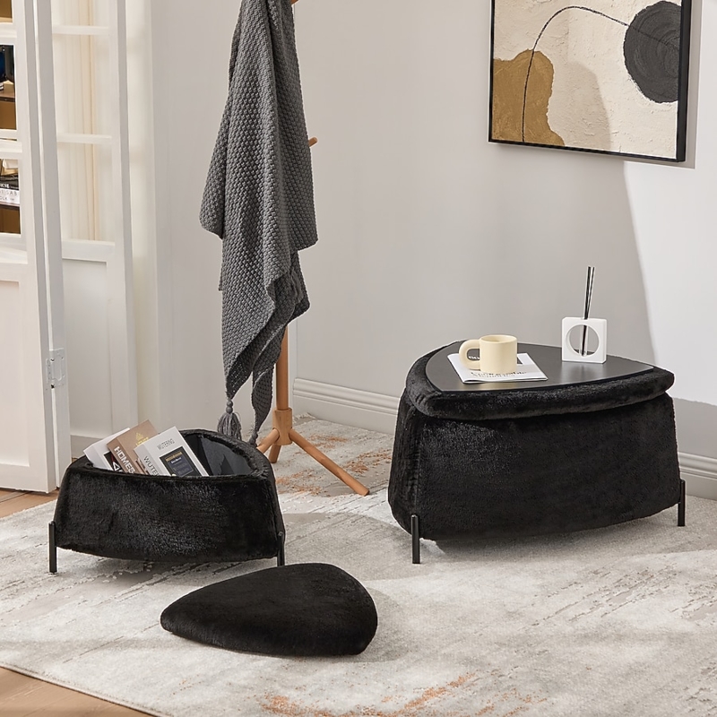Storage Ottoman Triangular Black Plush with Dual Function Lid