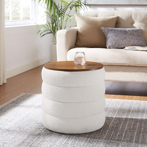 Storage Ottoman White Boucle Tiered Base Wood Lid Ribbed Coffee Table