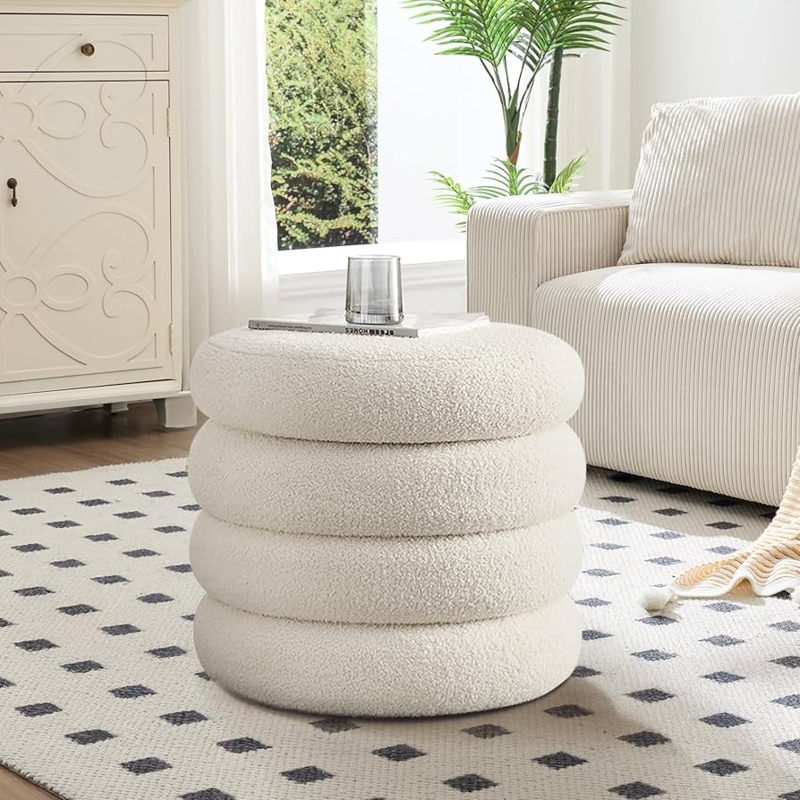 Storage Ottoman White Sherpa Stacked Ring Design Boucle Stool