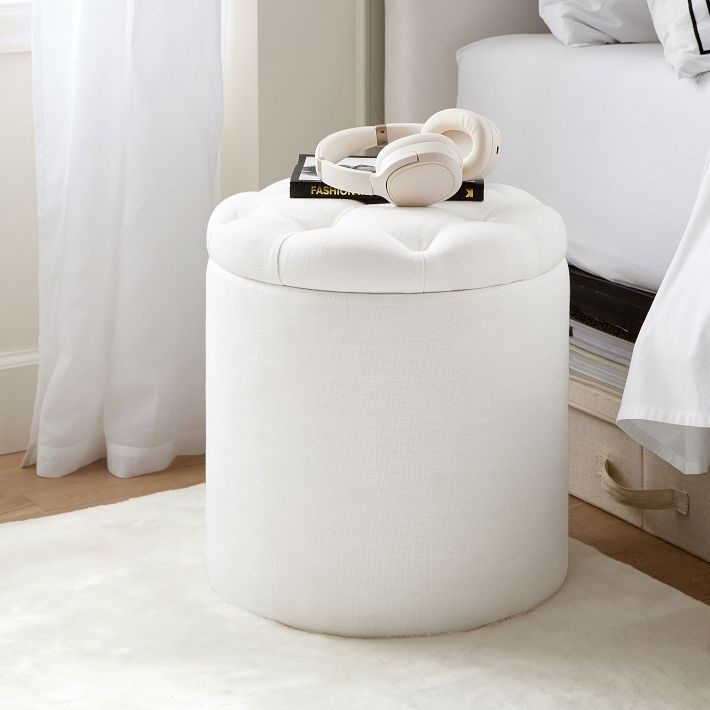Storage Ottoman White Tufted Top Linen Like Fabric Round Vanity Stool