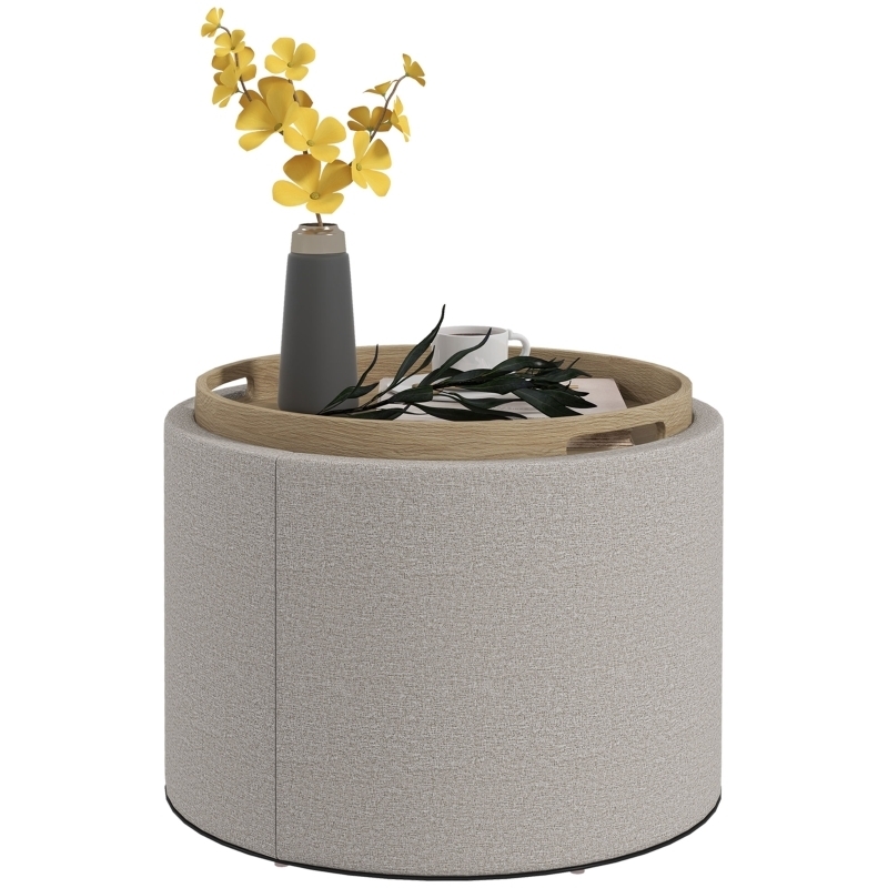 Storage Ottoman with Removable Tray Top in Light Grey Linen-Like Fabric