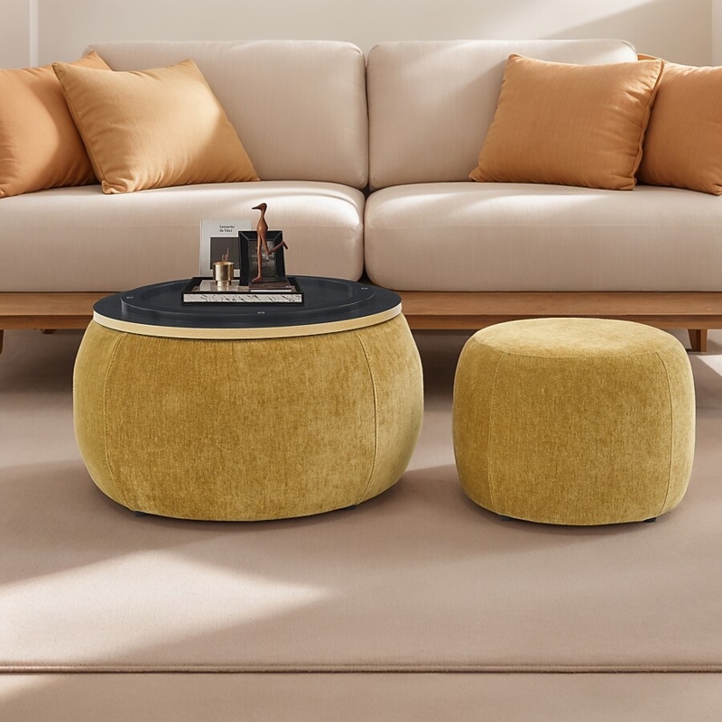 Storage Ottoman with Vertical Ribbing and Gold Ring Base