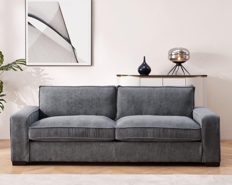 Structured Gray Corduroy Sofa with Box Cushions and Track Arms
