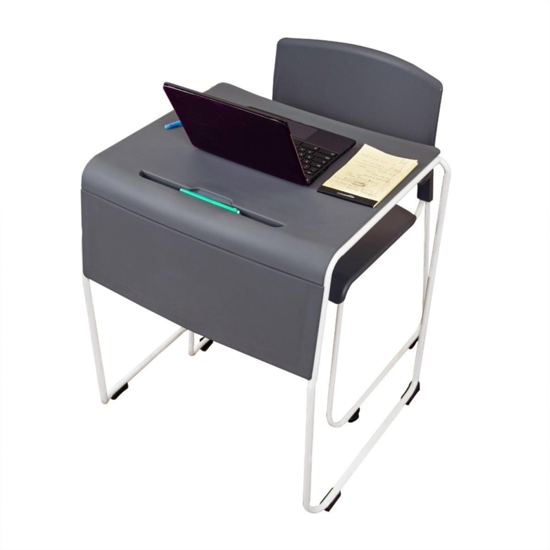 Student Desk Charcoal Grey Sled Base Integrated Seat Pencil Groove