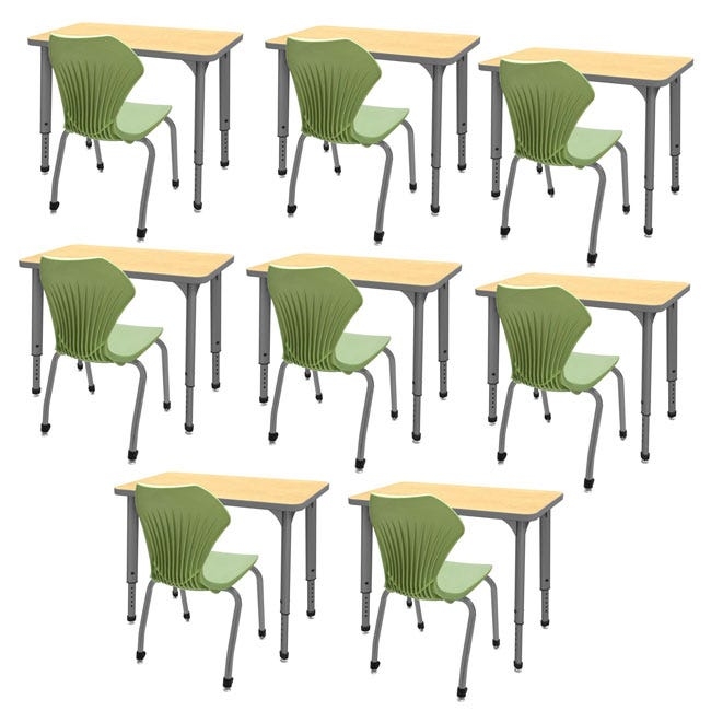 Student Desk Set Sage Green Ribbed Back Chairs Adjustable Height