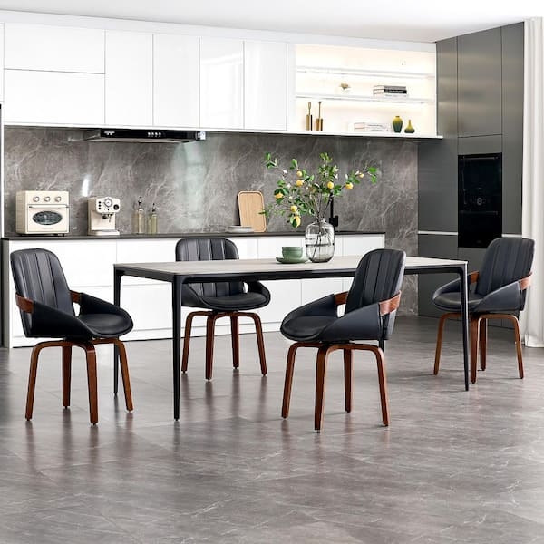 Swivel Dining Chairs Black Faux Leather Bentwood Frame Walnut