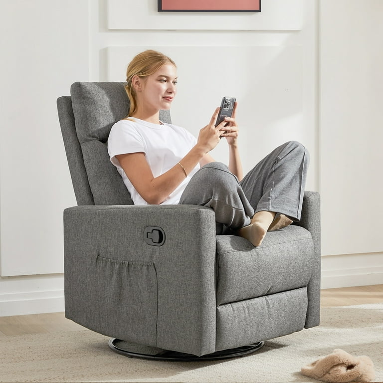 Swivel Glider Recliner Heather Grey Woven Chair With Side Pocket