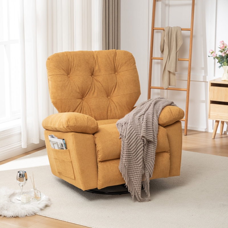 Swivel Glider Recliner in Yellow Fleece-Like Fabric with Side Pocket