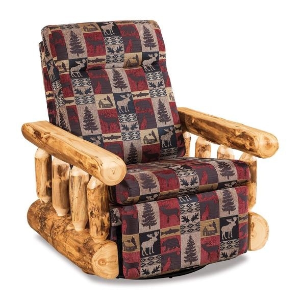 Swivel Glider Recliner with Log Arms and Lodge Wildlife Pattern Fabric