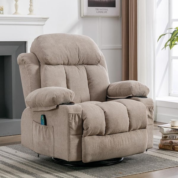 Swivel Recliner Chair Beige Fabric with Cup Holders and Side Pockets