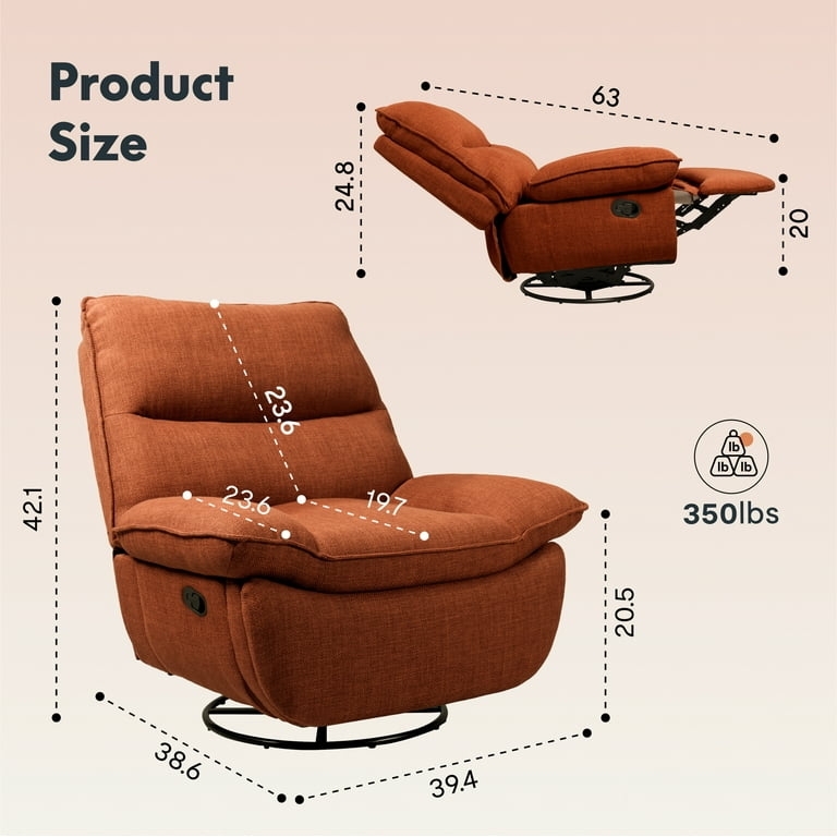 Swivel Recliner Chair, Terracotta Upholstery with Manual Recline Function.