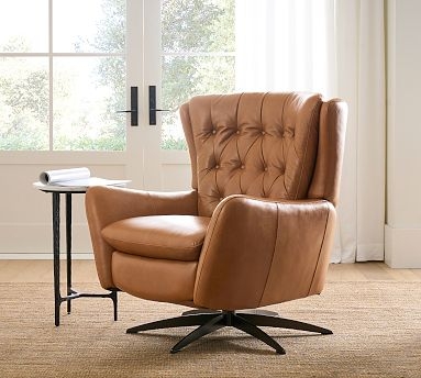 Swivel Recliner Cognac Tufted Leather-Like Modern Wingback Chair