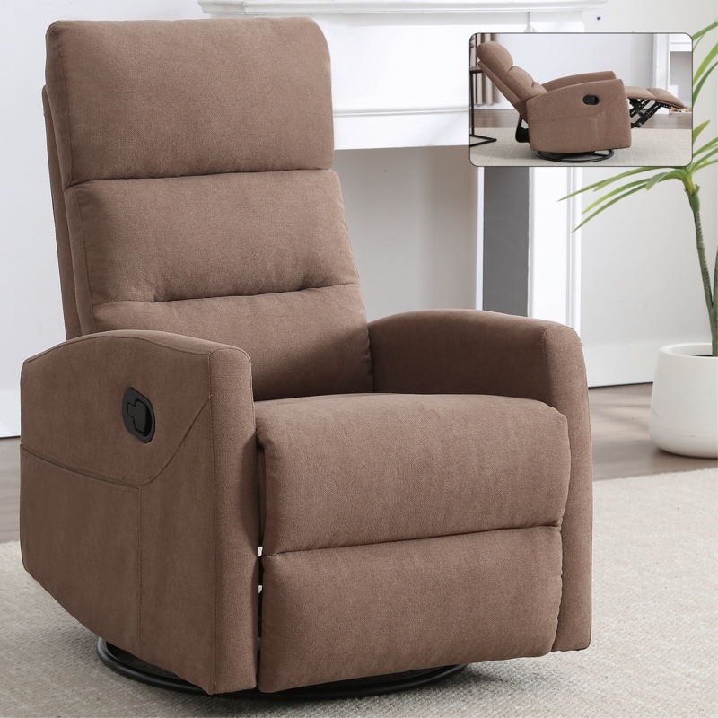 Swivel Recliner Compact Silhouette Woven Texture Brown Manual Lever Cozy