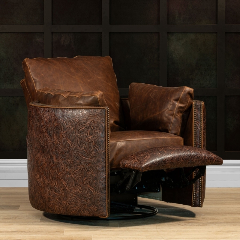 Swivel Recliner Embossed Leather Western Style Nailhead Trim Chair