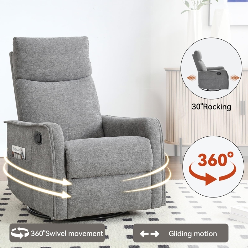 Swivel Recliner Grey Gliding Motion Rocking Chair For Nursery Fabric