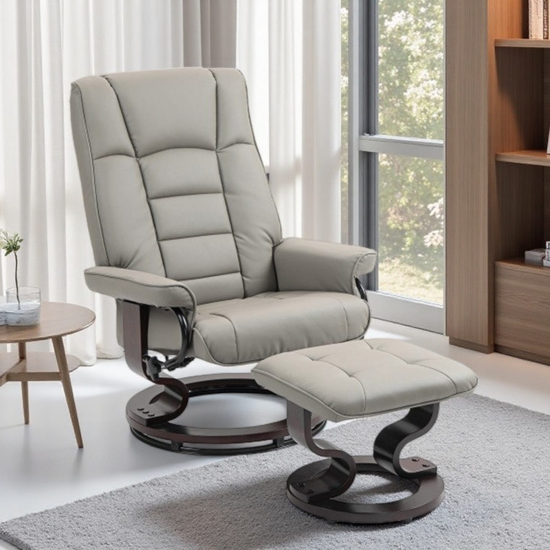 Swivel Recliner Matching Ottoman Curved Wood Base Light Grey Modern