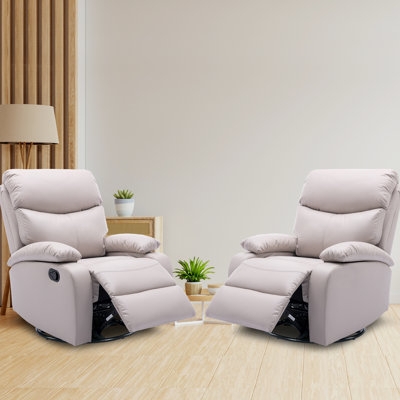 Swivel Recliner Set with Segmented Backrest in Beige Faux Leather