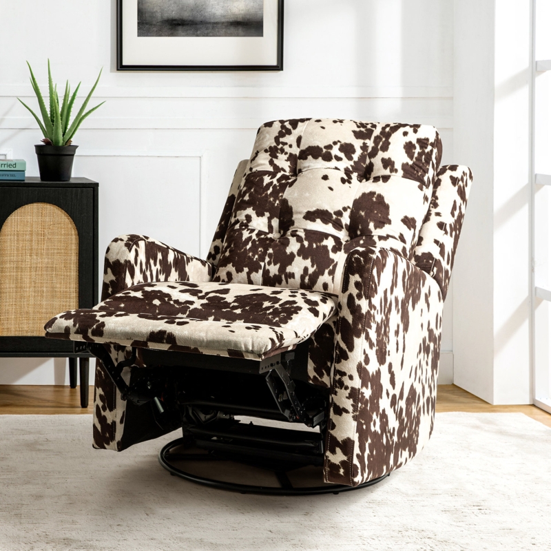 Swivel Recliner with Bold Cow Print and Tufted Back