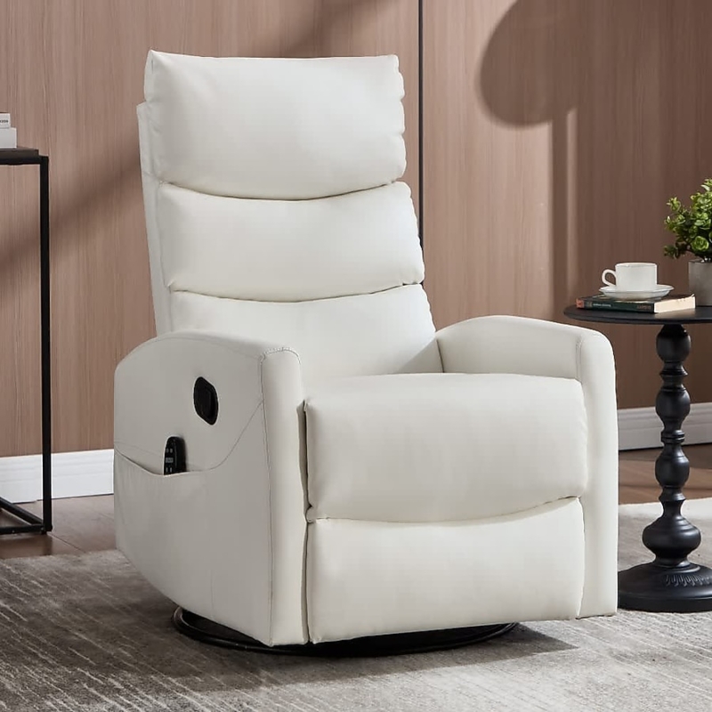 Swivel Recliner with Side Pocket, Segmented Back Off-White Manual Chair