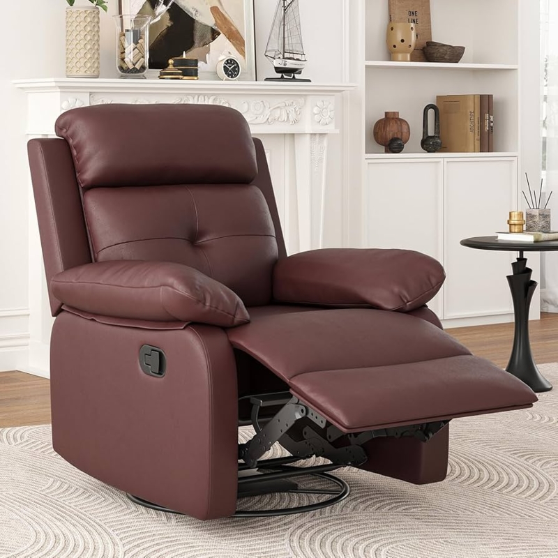 Swivel Rocker Recliner Burgundy Leather-Like Manual Tufted Back