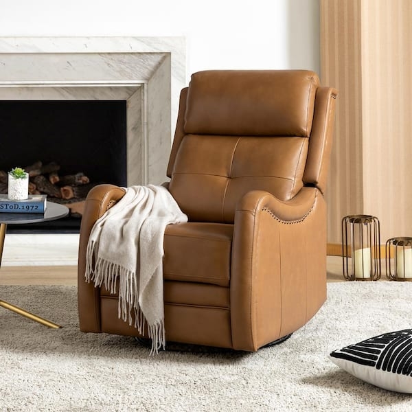 Swivel Rocker Recliner Camel Leather-like Nailhead Trim