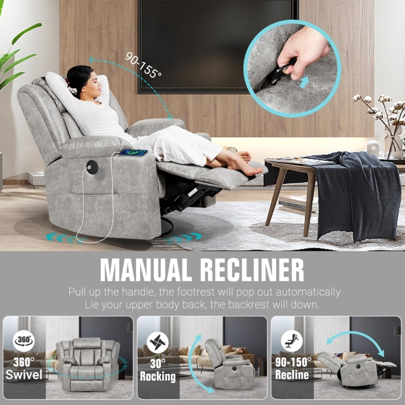 Swivel Rocker Recliner Chair Light Grey Textured Fabric USB Ports