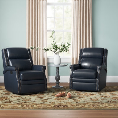 Swivel Rocker Recliner Navy Blue Leather Nailhead Trim