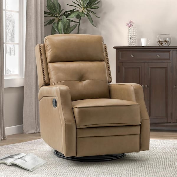 Swivel Rocker Recliner Taupe Leather-Like Nailhead Trim Transitional