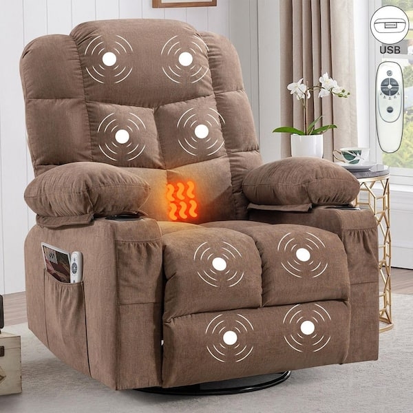 Swivel Rocker Recliner with Massage, Heat, and Cup Holders, Brown