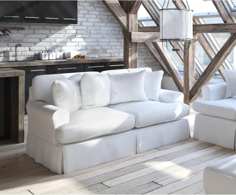 T-Cushion Slipcovered Loveseat with Rolled Arms and Removable Covers