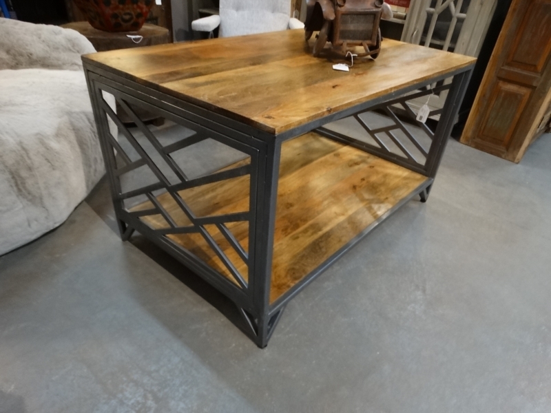 Tall Coffee Table Geometric Metal Sides Two Tier Wood Toned Surfaces
