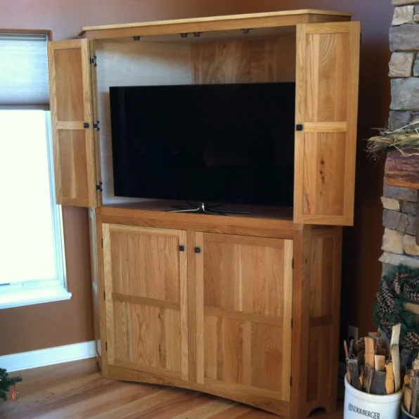 Tall Corner TV Armoire in Light Oak Finish for Media Storage