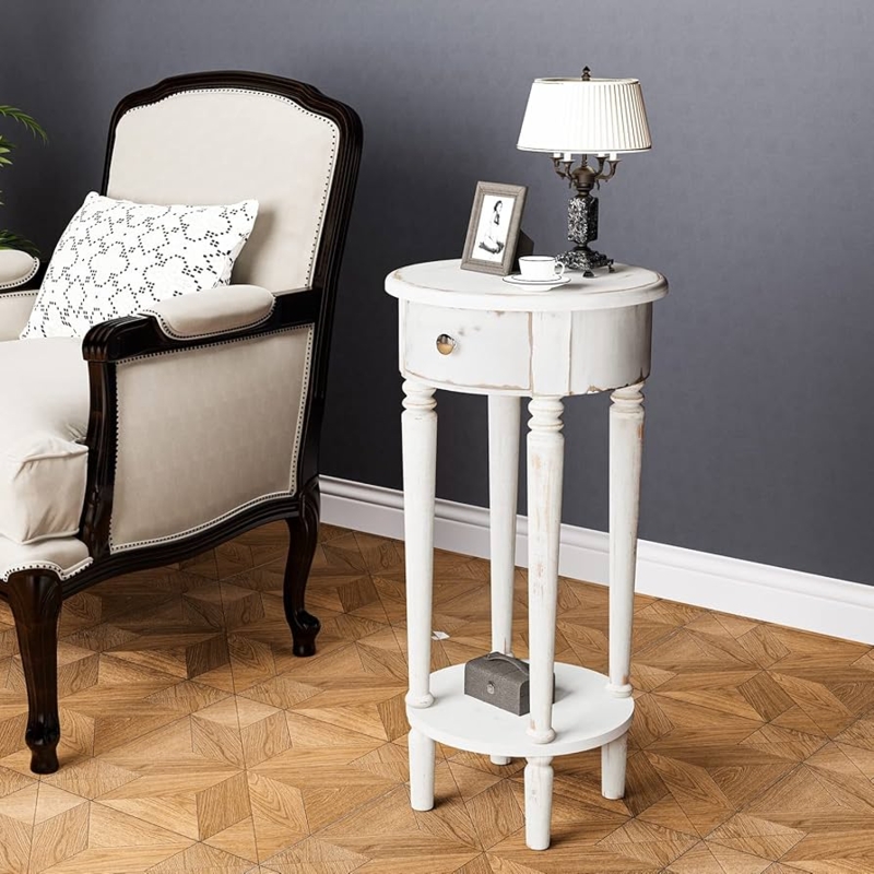 Tall End Table Distressed White Finish Turned Legs Two Tier