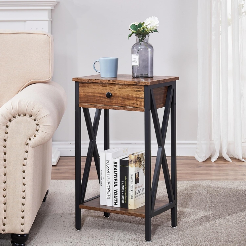 Tall End Table X-Frame Sides Single Drawer Tall Industrial End Table