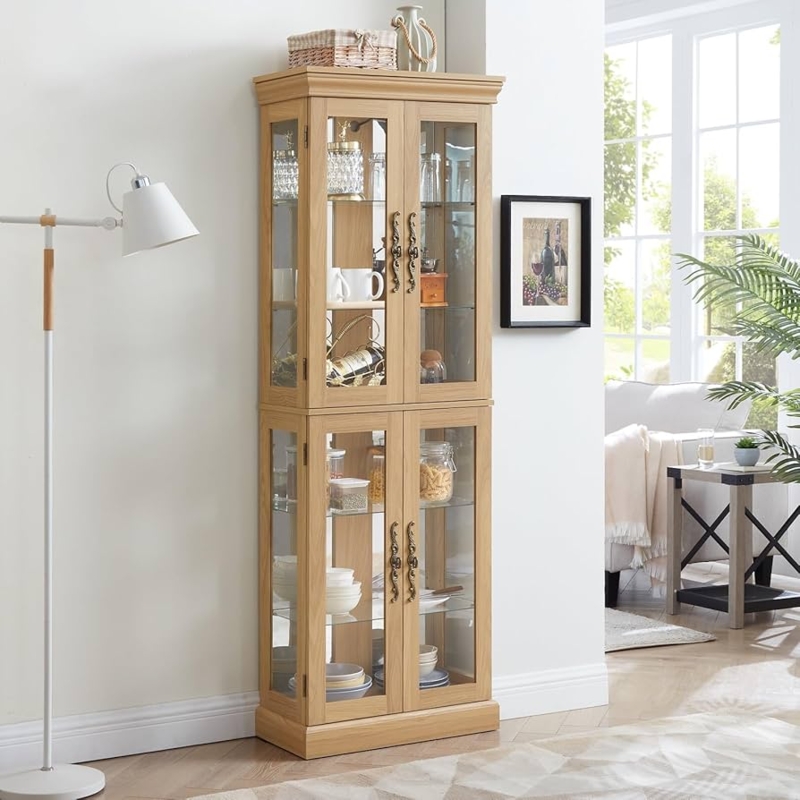 Tall Four-Door Curio Cabinet in Light Oak with Adjustable Shelves